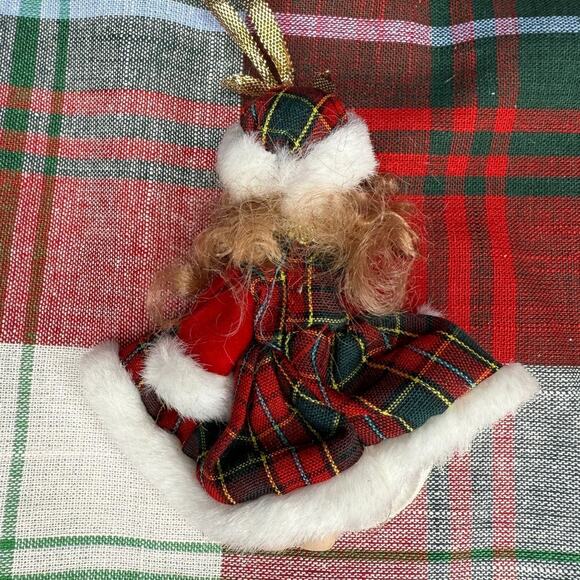 Porcelain Christmas Doll In a Plaid and Fur Trim Coat and Hat Tree Ornament - Picture 2 of 2